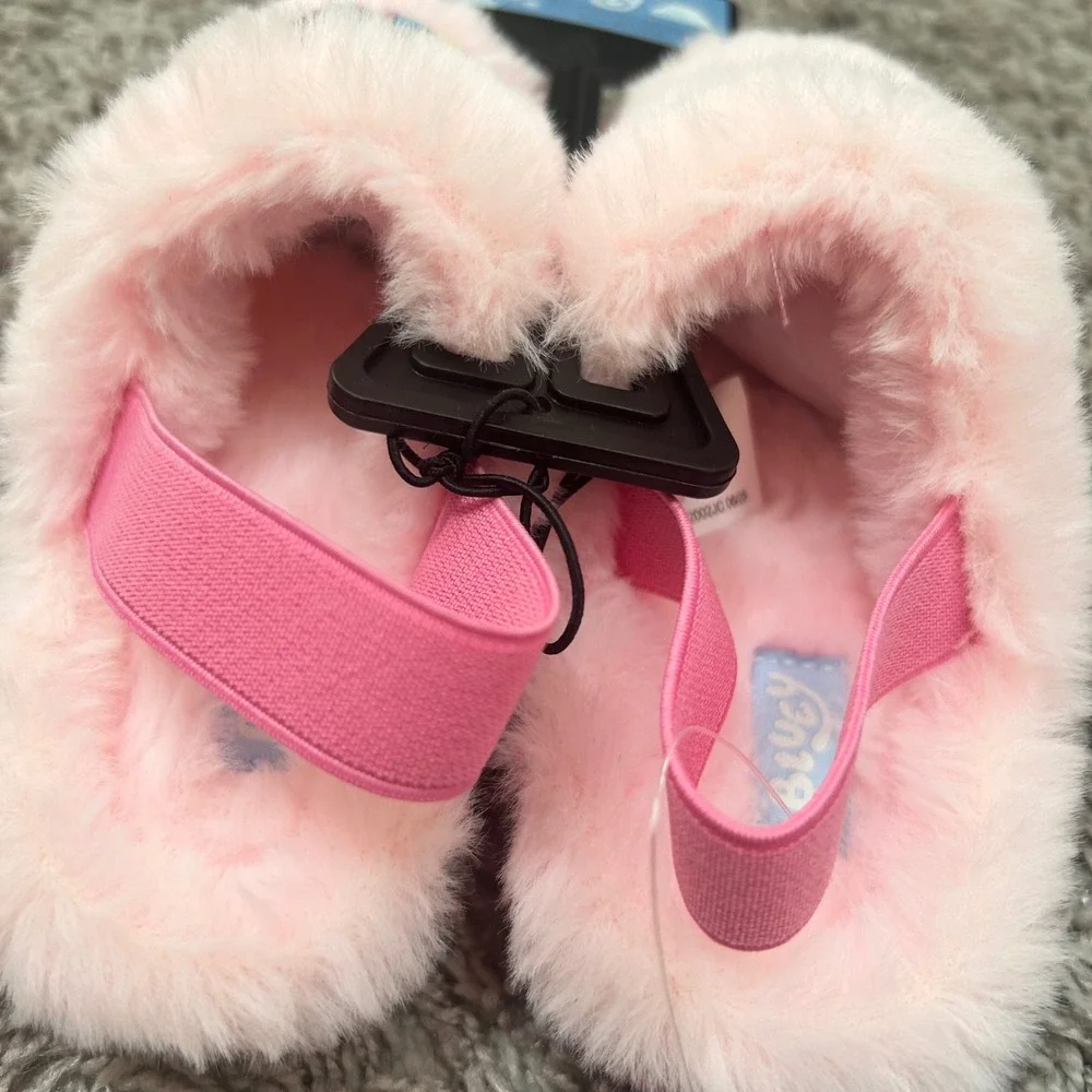 Bluey Bingo little Girls Pink Faux Fur Slingback Slippers Ground Up Sz Large New